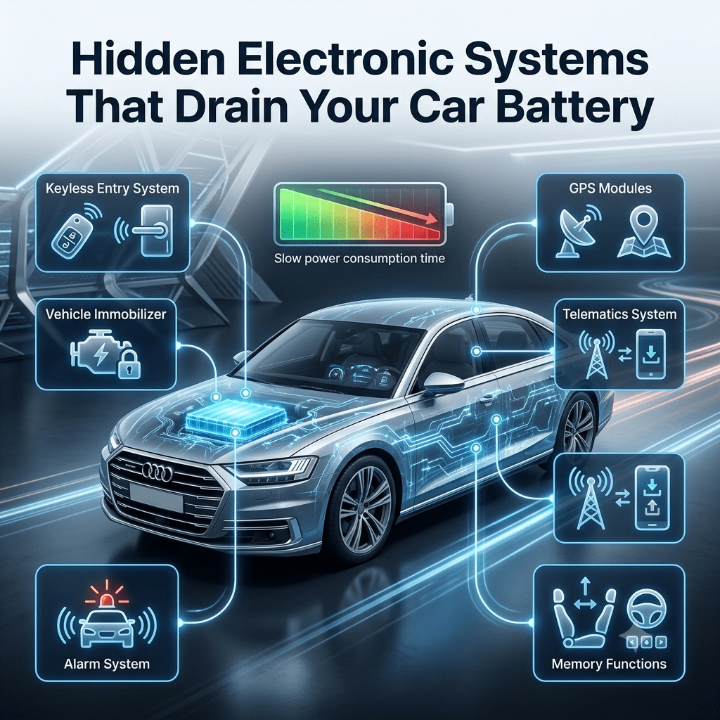 Infographic showing electronic systems that remain active after a vehicle is switched off, including keyless entry, alarm systems, GPS modules, telematics, and memory functions that slowly drain the car battery.