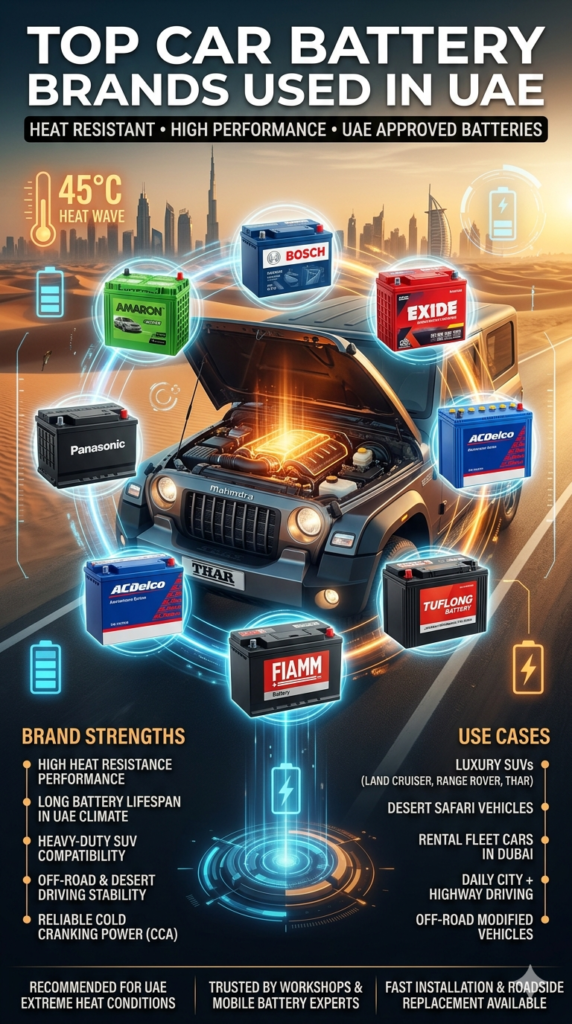 Top Car Battery Brands Used in UAE | Premium Performance Guide 2026 Premium infographic showing top car battery brands used in UAE including Amaron, Bosch, Exide, Panasonic, AC Delco, FIAMM, and Tuflong with Dubai desert heat background and SUV theme.