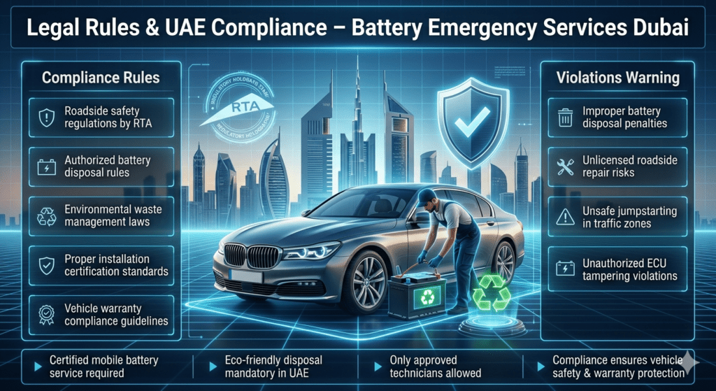 Dubai automotive legal compliance infographic showing RTA rules, battery disposal laws, installation standards, and violations for roadside battery services.