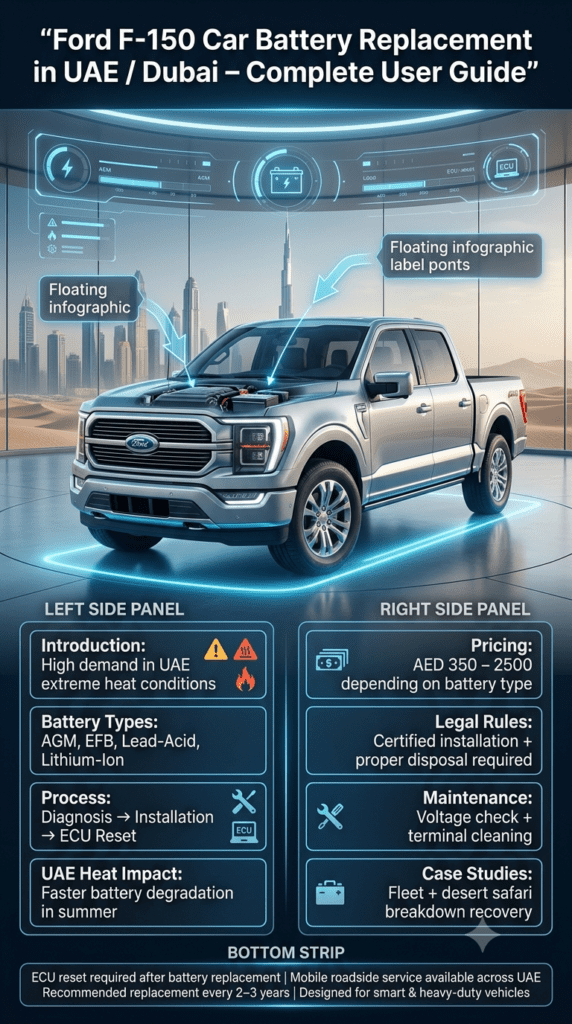 Ford F-150 battery replacement infographic showing types, process, pricing, UAE heat impact, maintenance tips, and ECU reset guide in a modern automotive design layout.
