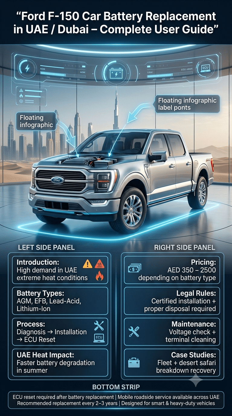 Ford F-150 battery replacement infographic showing types, process, pricing, UAE heat impact, maintenance tips, and ECU reset guide in a modern automotive design layout.