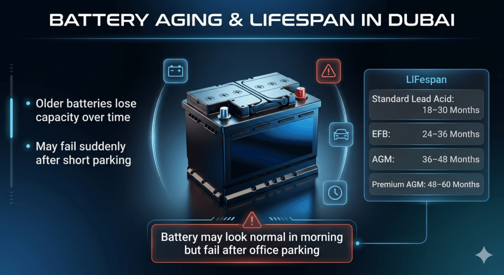 Infographic showing car battery aging, lifespan types, and warning signs of battery failure in Dubai climate conditions.