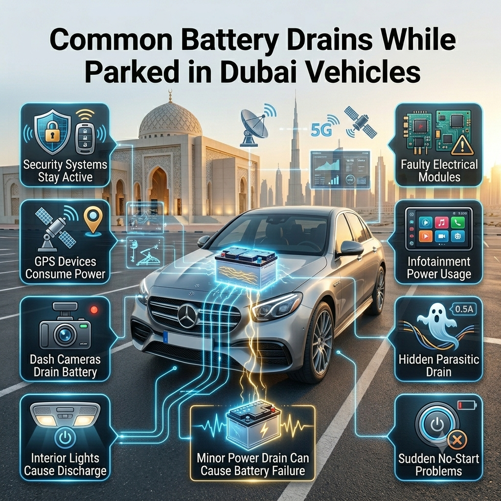 Common Battery Drains While Parked in Dubai Vehicles Common battery drains in parked Dubai vehicles showing security systems, GPS, dash cameras, electrical modules, and battery power loss causes.