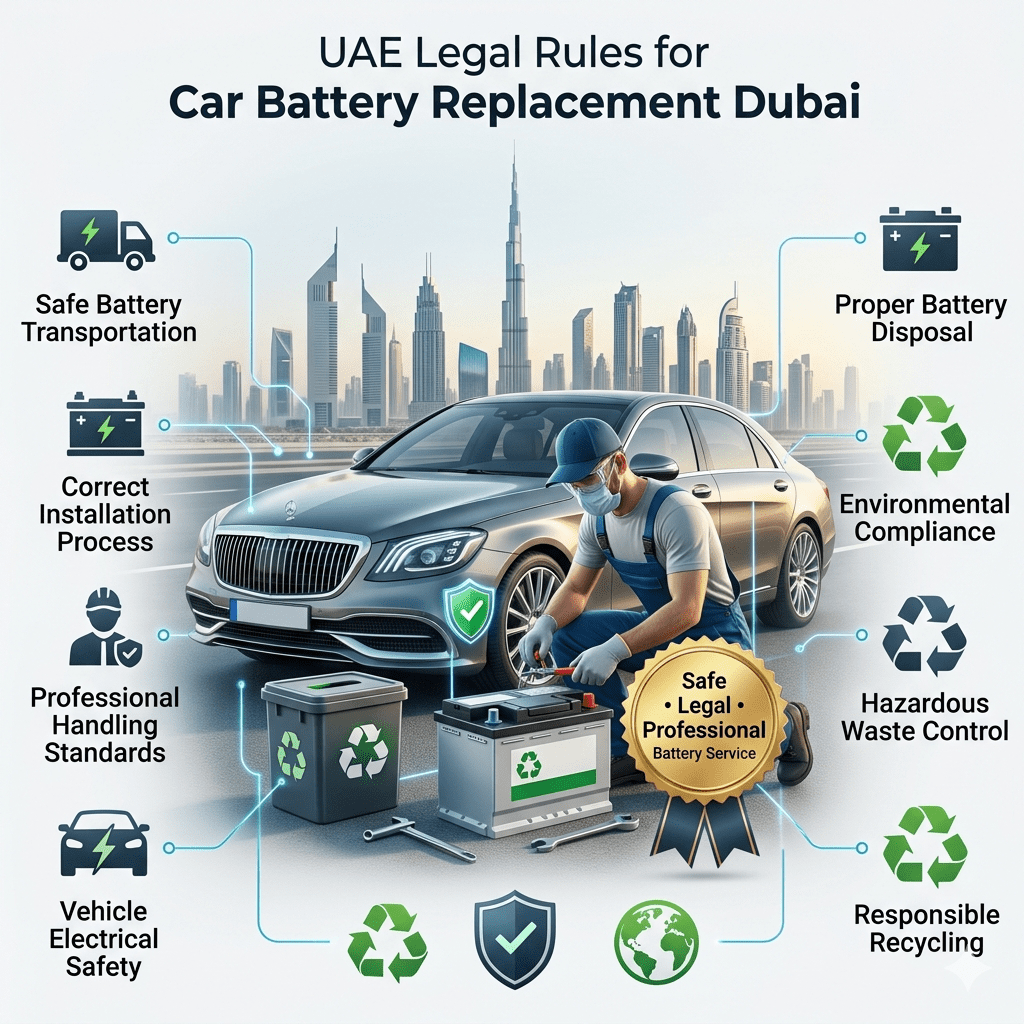 UAE Legal Rules for Car Battery Replacement Dubai UAE legal rules for car battery replacement Dubai showing safe installation, battery disposal, environmental compliance, and professional handling.