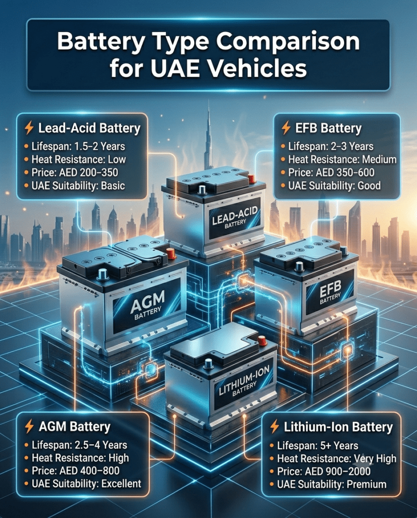 Battery Type Comparison for UAE Vehicles – Lead-Acid vs AGM vs EFB vs Lithium-Ion Professional infographic comparing Lead-Acid, AGM, EFB, and Lithium-Ion car batteries with lifespan, heat resistance, pricing, and UAE suitability information.
