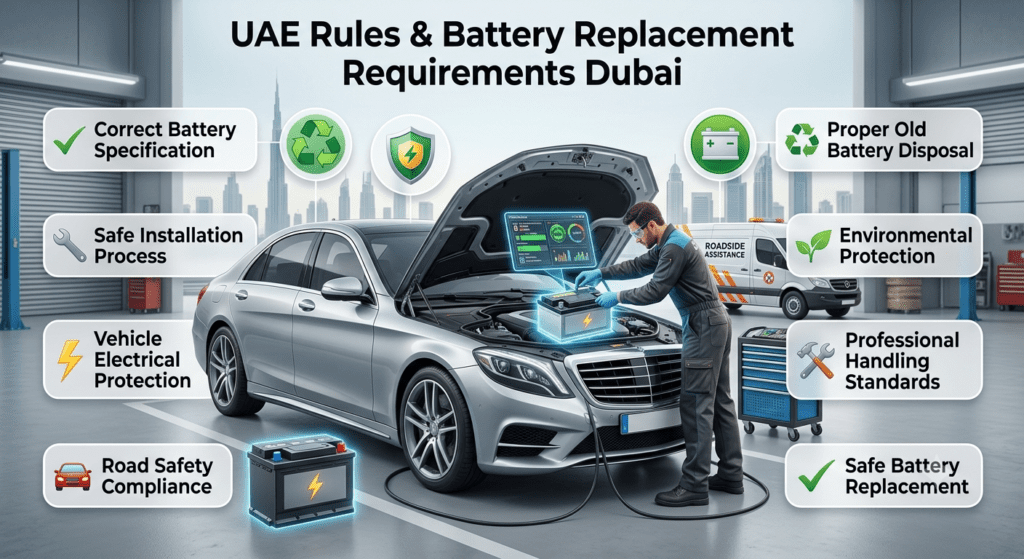 UAE car battery replacement rules infographic showing safe installation, correct battery selection, disposal, and vehicle electrical safety