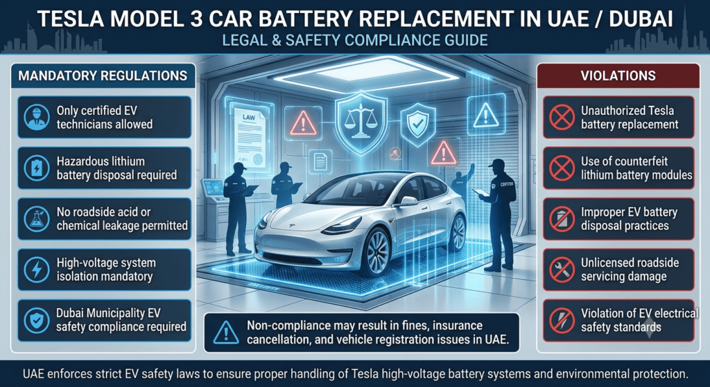 Tesla Model 3 Battery Replacement Legal Rules in UAE / Dubai – Compliance Guide Futuristic infographic showing Tesla Model 3 battery replacement legal regulations in UAE Dubai, including mandatory rules, violations, and EV safety compliance.