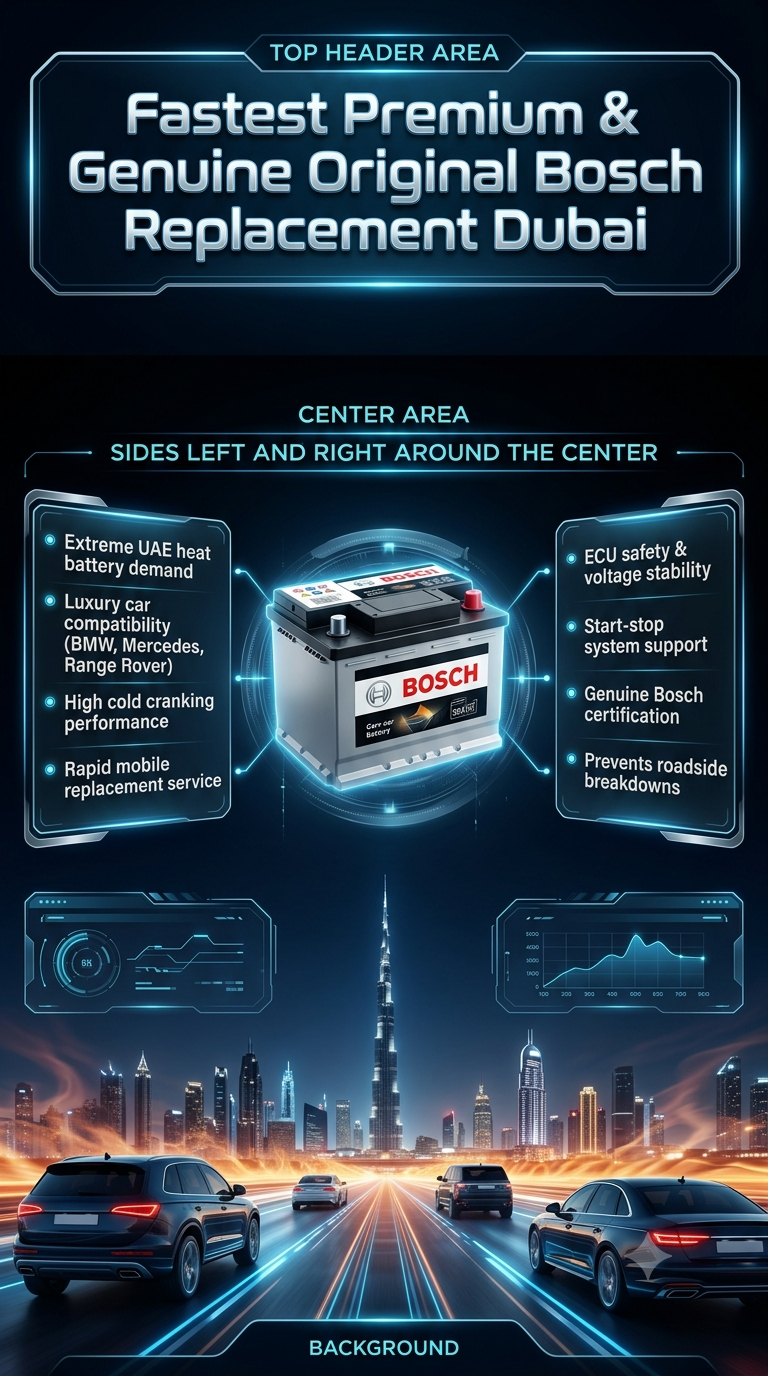 Premium infographic showing Bosch car battery replacement service in Dubai with key benefits, UAE heat conditions, luxury vehicle compatibility, and mobile automotive support.