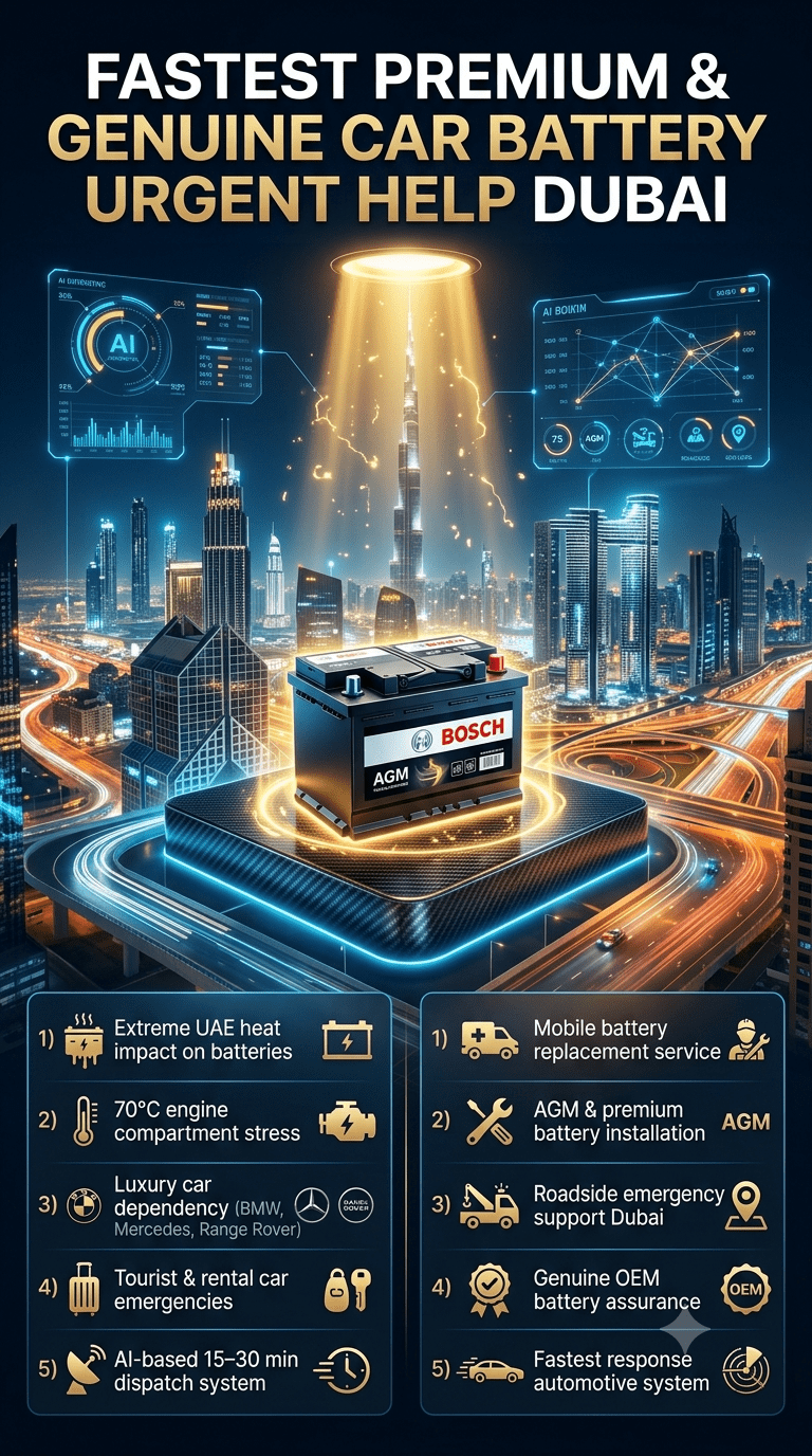 Premium infographic showing fastest car battery emergency service in Dubai with luxury battery center, Dubai skyline background, and key service features displayed on both sides.