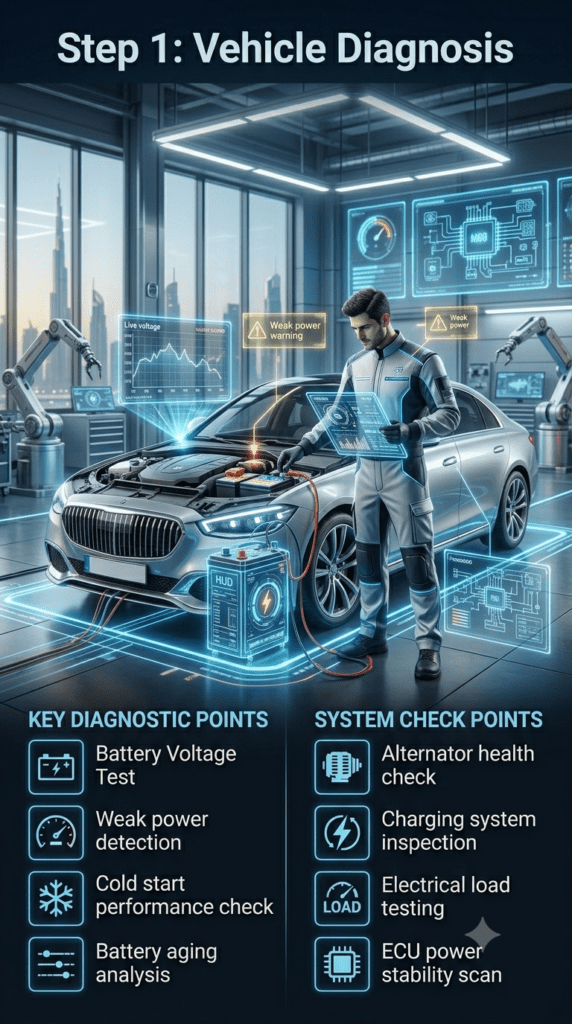Step 1 Vehicle Diagnosis for Car Battery Replacement in UAE / Dubai Car battery vehicle diagnosis step showing voltage test, alternator check, and electrical load testing in a modern UAE automotive service garage.