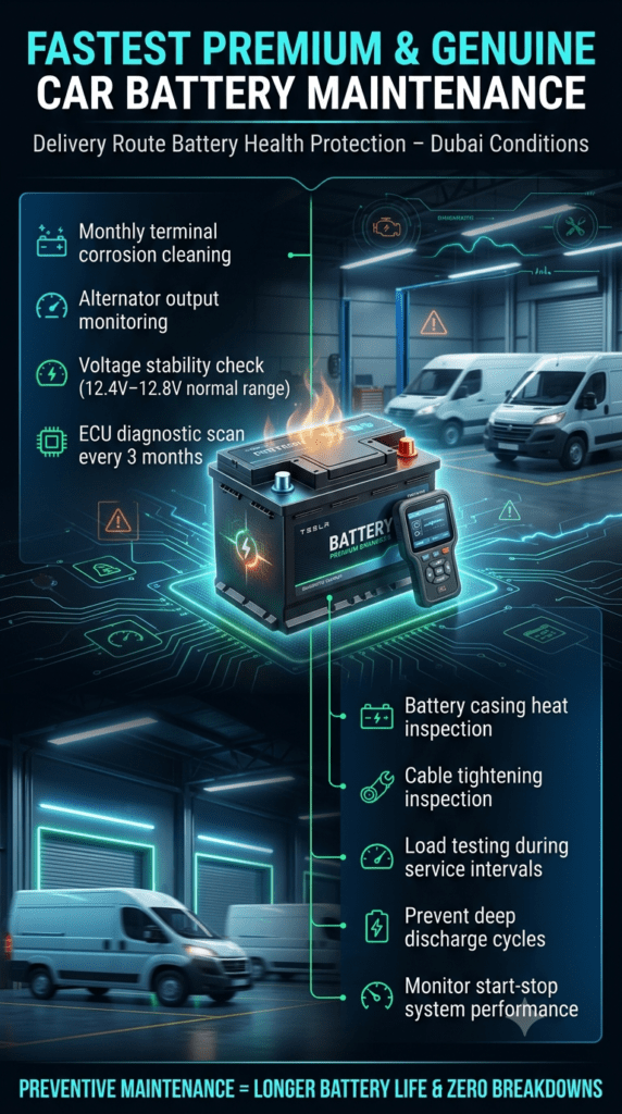 Fastest Premium & Genuine Car Battery Maintenance Guide (Dubai Delivery Route) Infographic showing car battery maintenance practices including corrosion cleaning, voltage checks, ECU diagnostics, and thermal inspection with a central 3D battery in a futuristic automotive service design.