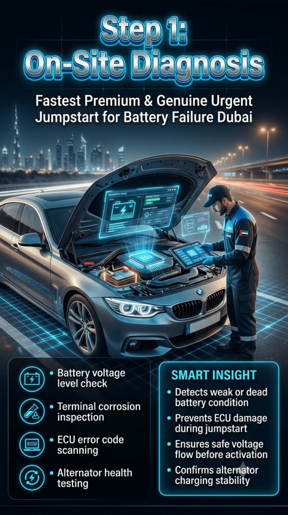 Step 1: On-Site Diagnosis – Battery, ECU & Alternator Check for Jumpstart Service Dubai Automotive technician performing on-site battery diagnosis in Dubai with digital ECU scanning, voltage testing, and alternator inspection during luxury car roadside jumpstart service.