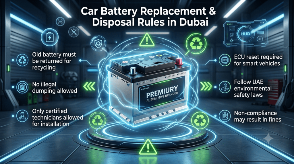 Car Battery Disposal Rules in Dubai โ Complete Safety & Compliance Guide Infographic showing Dubai car battery replacement and disposal rules with recycling guidelines, ECU reset requirements, and certified technician instructions.