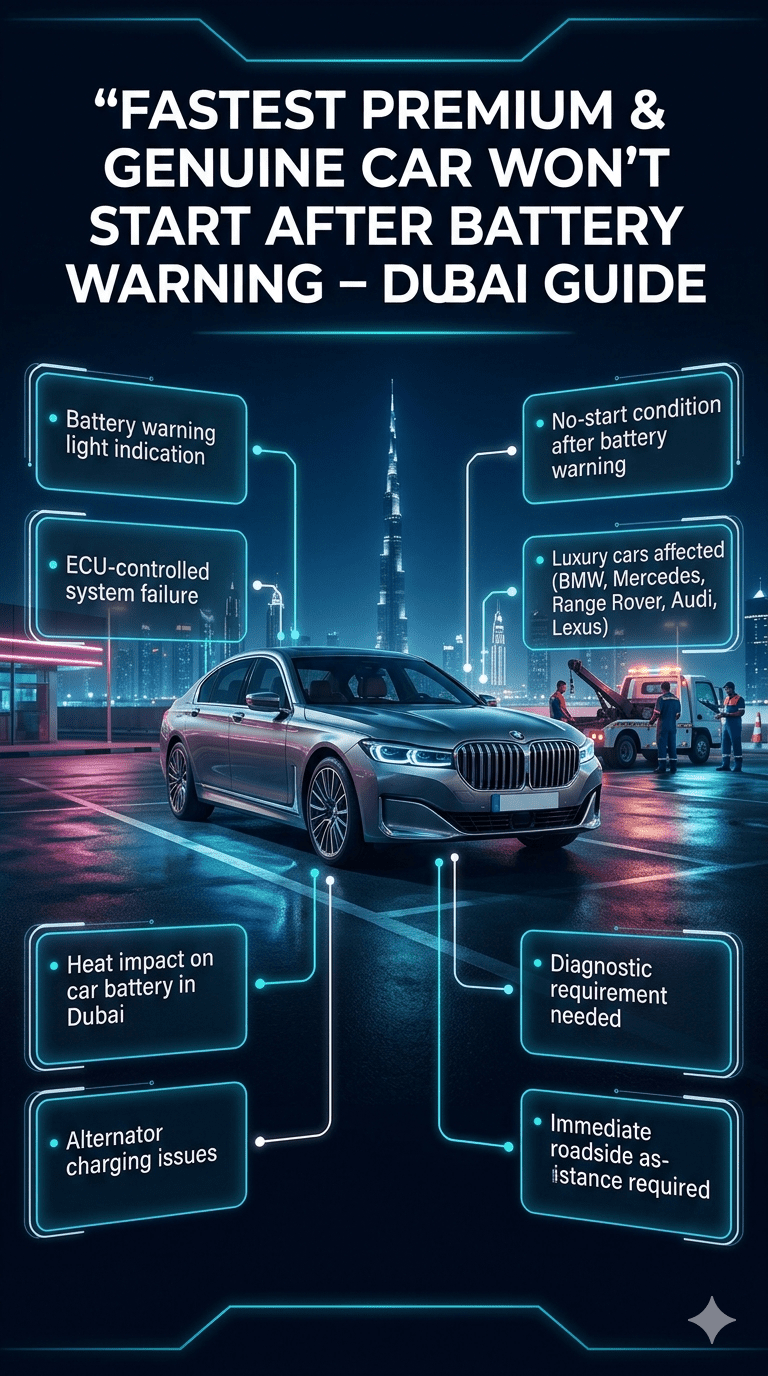 Luxury car breakdown in Dubai showing battery warning failure with futuristic diagnostic HUD interface and roadside assistance emergency scene
