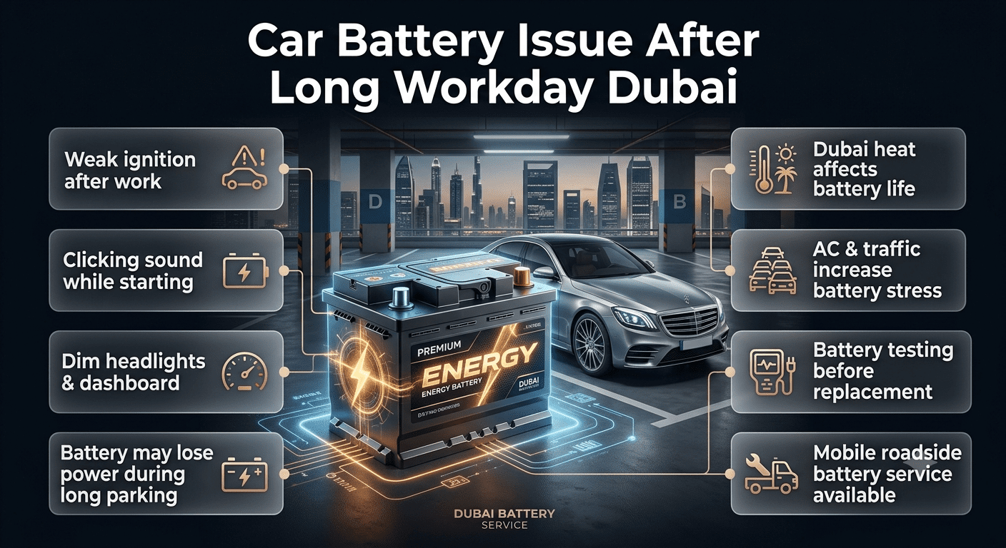 Car battery issue after long workday Dubai showing warning signs, heat impact, battery testing, and roadside replacement service guide.