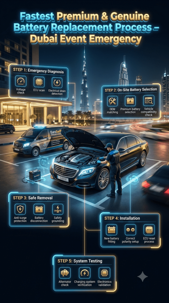 Step-by-step luxury car battery replacement process in Dubai event parking showing diagnosis, installation, and system testing with mobile technician support.