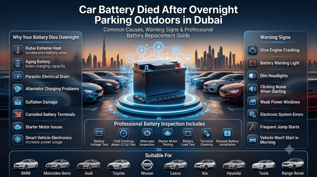 Car battery died after overnight parking outdoors in Dubai showing common causes, warning signs, and professional battery replacement process in a premium automotive infographic.