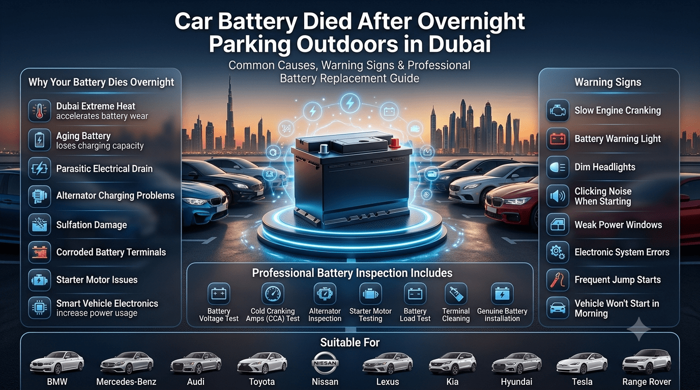 Car battery died after overnight parking outdoors in Dubai showing common causes, warning signs, and professional battery replacement process in a premium automotive infographic.