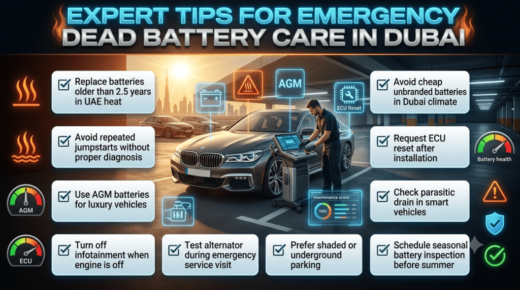 Expert battery care tips infographic for Dubai climate showing maintenance advice such as AGM battery usage, alternator testing, ECU reset, avoiding cheap batteries, and seasonal inspection for emergency roadside assistance.