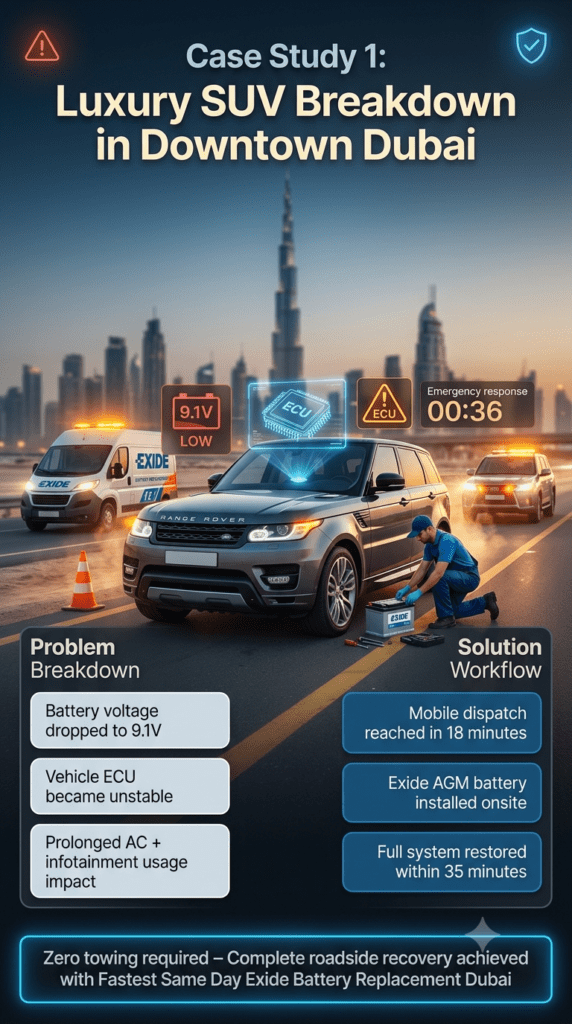 Luxury SUV battery breakdown case study in Downtown Dubai showing Range Rover emergency roadside Exide AGM battery replacement with technician and diagnostic tools.