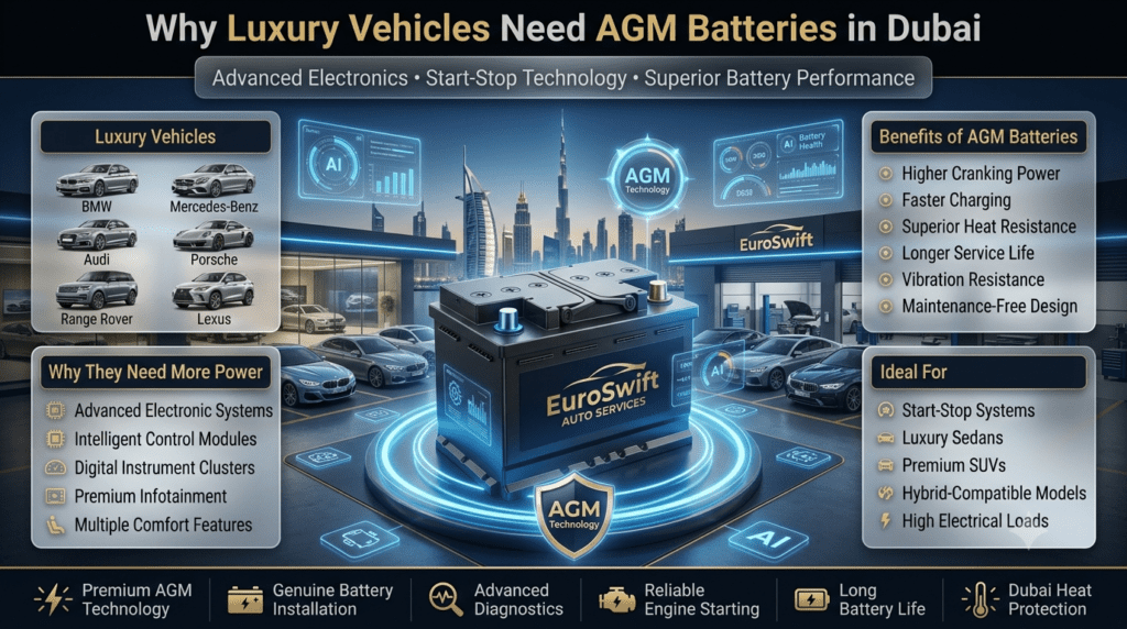 Luxury Vehicle AGM Battery Guide | Best Battery Solution for BMW, Mercedes, Audi & Range Rover in Dubai Premium infographic showing AGM battery recommendations for luxury vehicles in Dubai, including BMW, Mercedes-Benz, Audi, Porsche, Range Rover, and Lexus, highlighting advanced electronics, start-stop systems, and high electrical demands.