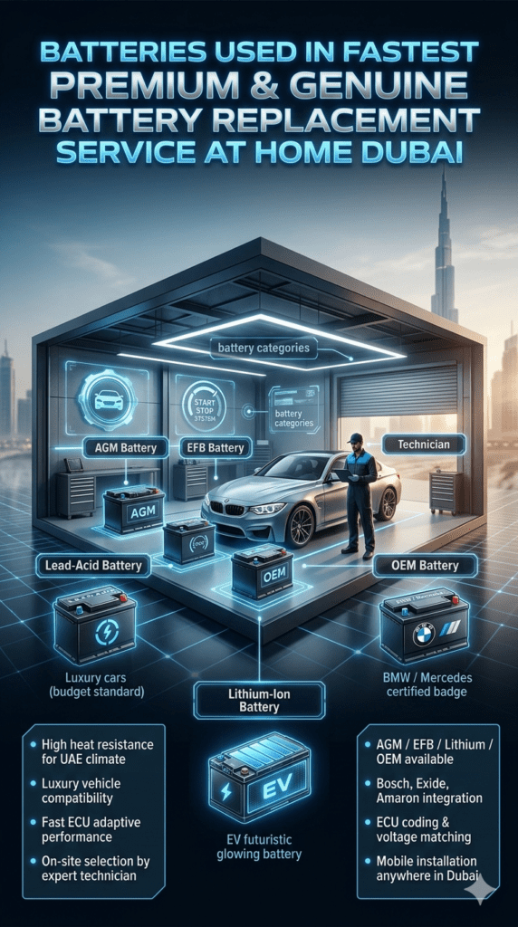 Infographic showing different car batteries used in Dubai mobile replacement service including AGM, EFB, Lead-Acid, Lithium-Ion, and OEM batteries with technician and luxury car background.
