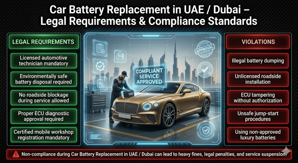 Luxury compliance infographic showing legal requirements and violations for car battery replacement services in UAE with Dubai automotive workshop and regulatory UI elements.