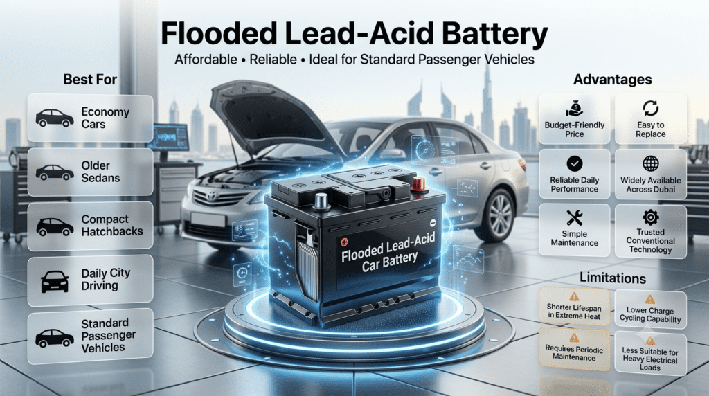 Flooded Lead-Acid Battery Guide | Features, Benefits & Limitations Flooded Lead-Acid Battery infographic highlighting its best applications, key advantages, and limitations for standard passenger vehicles in Dubai.