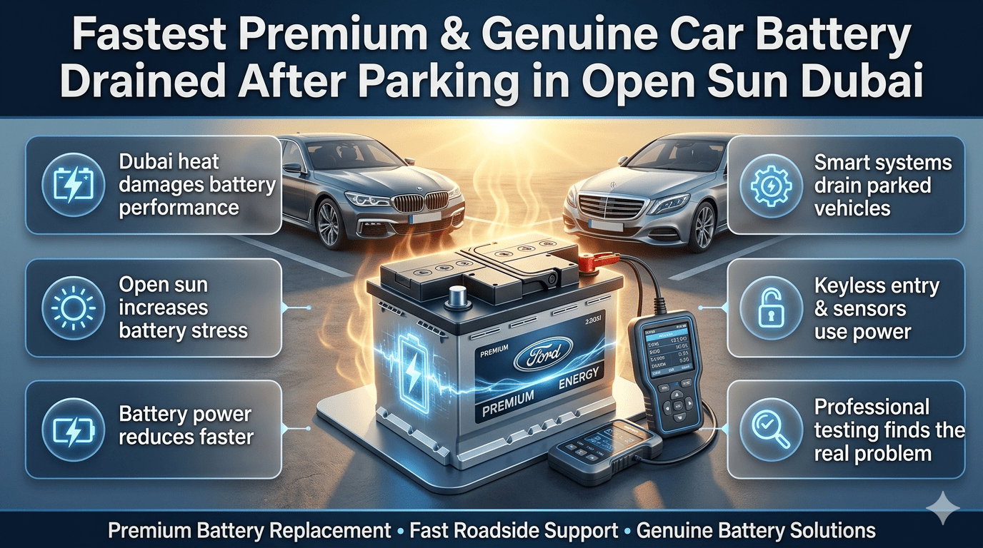 Fastest premium genuine car battery drained after parking in open sun Dubai showing heat impact, battery stress, and professional car battery replacement solution.