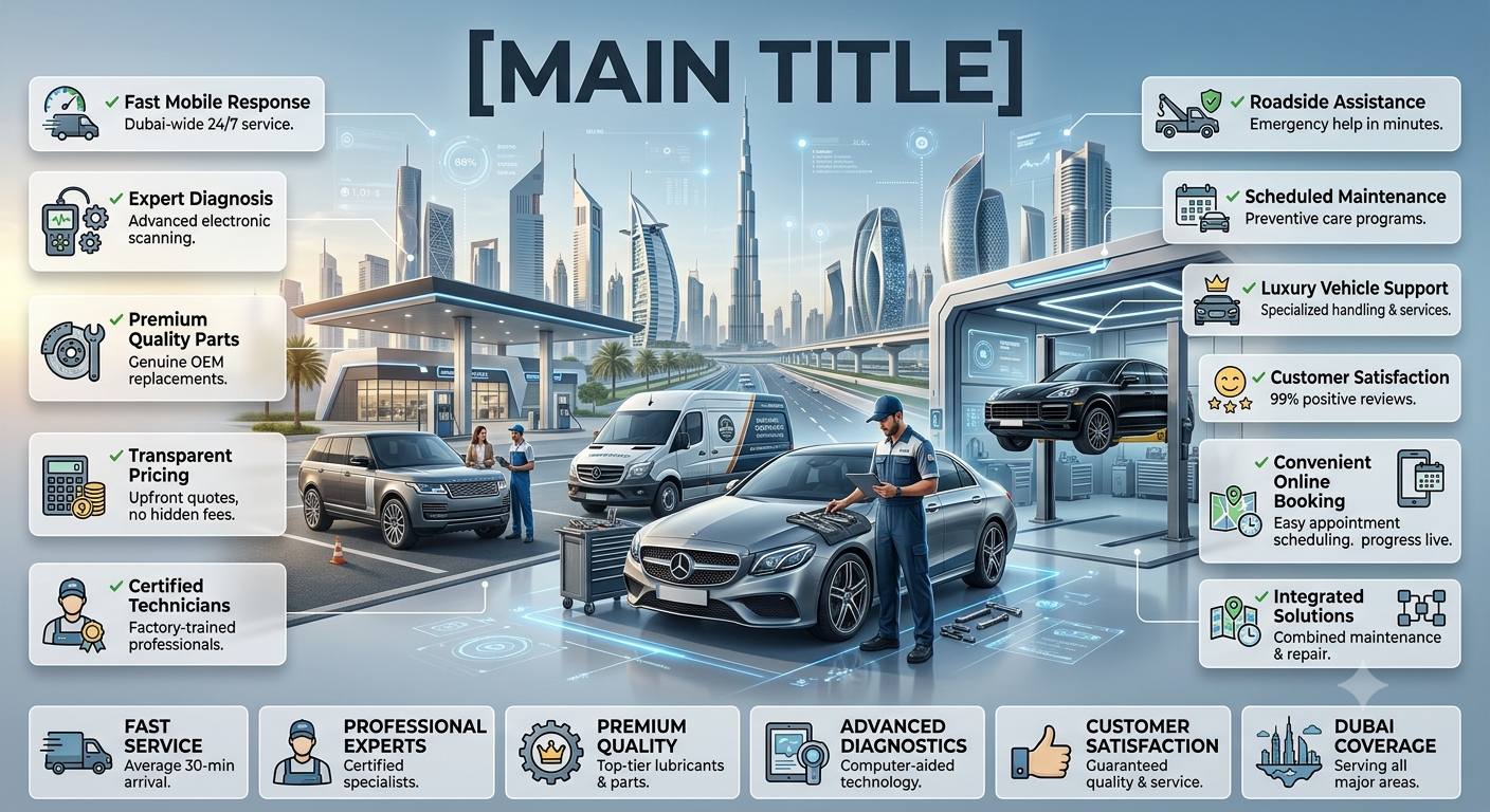 Professional Dubai automotive infographic showing a luxury vehicle with a dead battery while visiting relatives. A mobile battery replacement technician from EuroSwift Auto Services is replacing the battery beside a premium car. Key benefits including fast response, battery diagnostics, genuine batteries, luxury vehicle support, roadside assistance, and Dubai-wide coverage are displayed around the vehicle in an animated modern layout with Dubai skyline background.