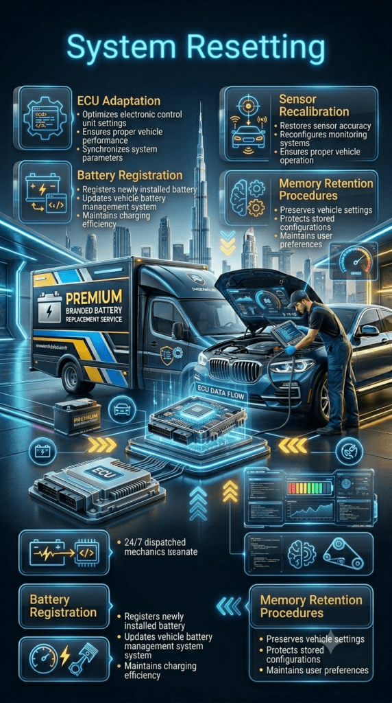Professional automotive infographic illustrating System Resetting after car battery replacement. The title is displayed prominently at the top, with a luxury vehicle, advanced ECU programming system, and automotive technician in the center. Key procedures including ECU adaptation, battery registration, sensor recalibration, and memory retention are shown as animated callout points around the main visual. Futuristic automotive software interface, digital dashboards, and premium 3D service graphics create a high-end professional appearance.