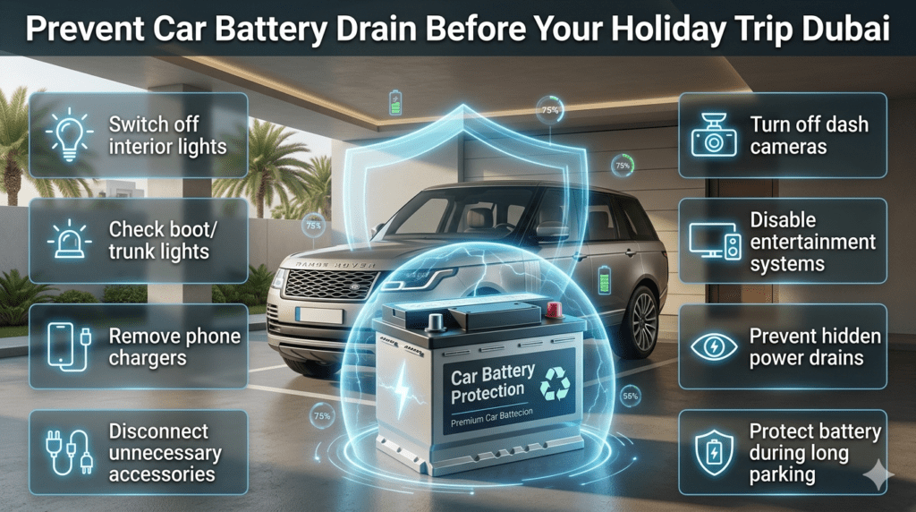 Car battery protection before holiday infographic showing Dubai drivers checking lights, chargers, accessories, and electrical systems to prevent battery drain.