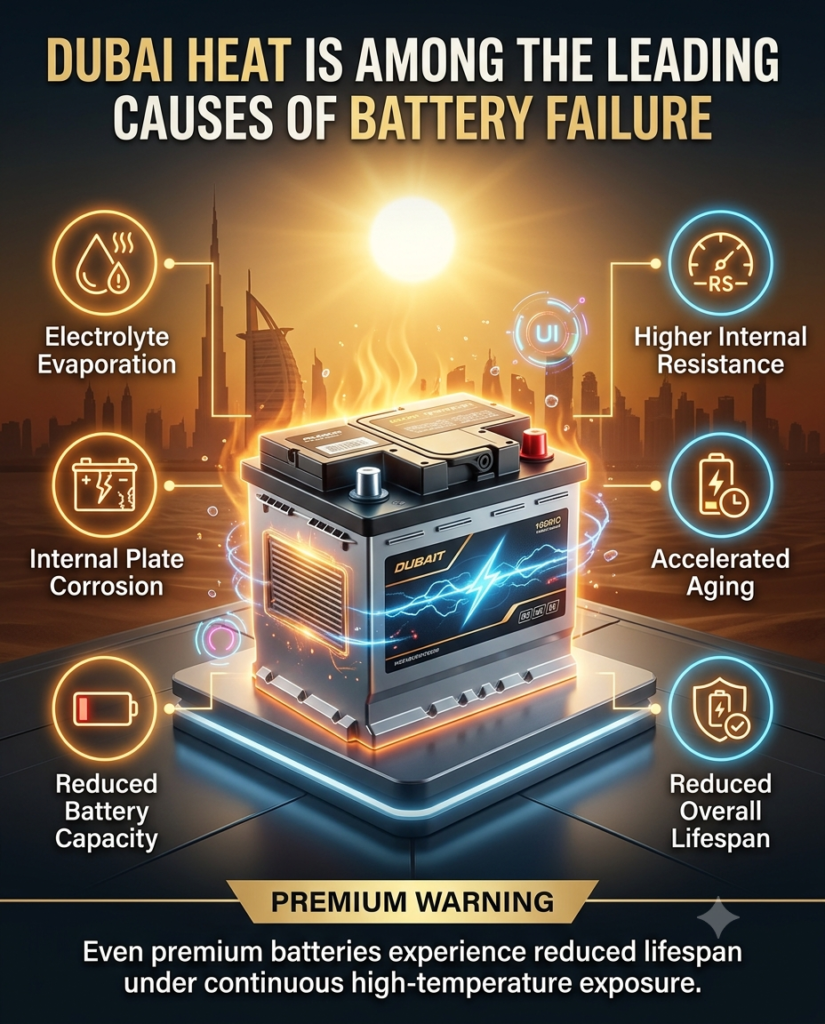 Dubai heat causing car battery failure with electrolyte evaporation, corrosion, reduced capacity, and shorter battery lifespan infographic.