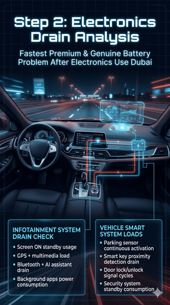 Step 2: Electronics Drain Analysis – Fastest Premium & Genuine Battery Problem After Electronics Use Dubai Futuristic automotive dashboard diagnostic infographic showing battery drain analysis with infotainment system, parking sensors, and smart key system connected to a glowing battery in a high-tech Dubai environment.