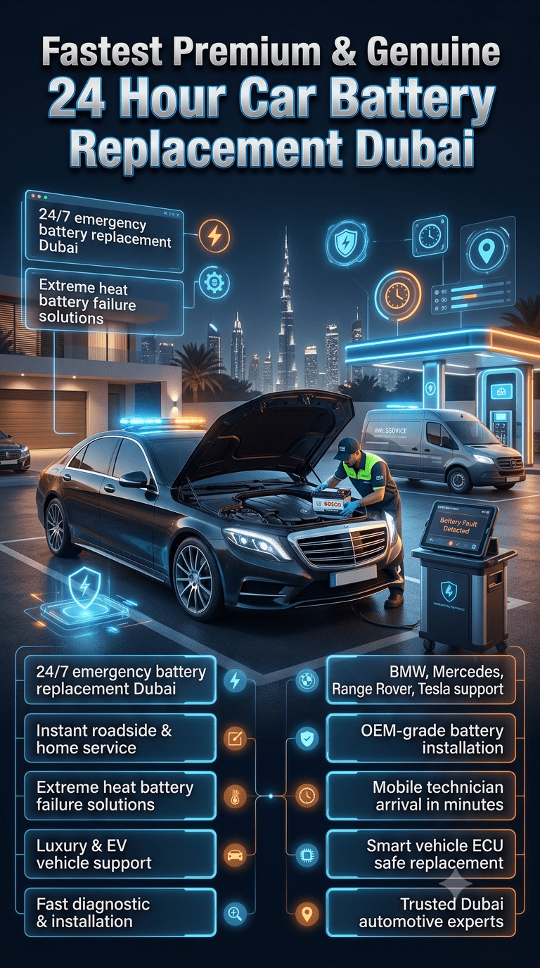 Luxury automotive infographic showing fastest premium and genuine 24 hour car battery replacement service in Dubai with technician installing a battery in a luxury car, Dubai skyline background, and emergency service highlights displayed on both sides.