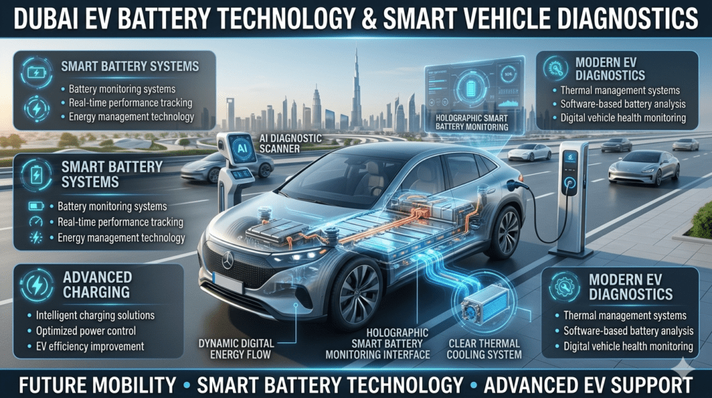 Dubai electric vehicle battery technology showing smart monitoring systems, intelligent charging, thermal management, and digital diagnostics.