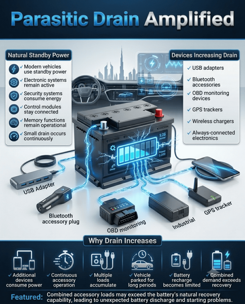 Professional automotive infographic illustrating parasitic battery drain in modern vehicles, showing a vehicle battery connected to USB adapters, Bluetooth accessories, OBD devices, GPS trackers, and wireless chargers that continuously consume standby power even when the vehicle is parked.