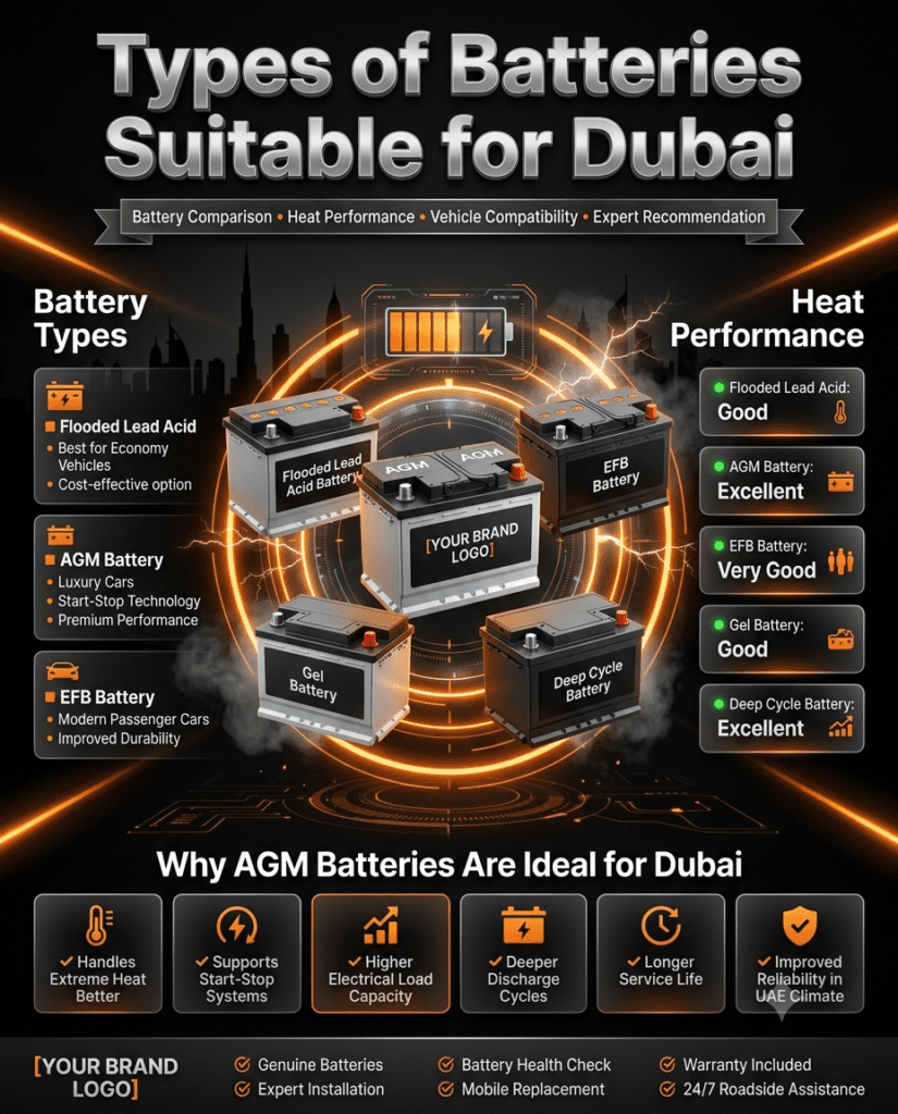 Types of Batteries Suitable for Dubai | Complete Battery Comparison Guide Types of Batteries Suitable for Dubai infographic comparing Flooded Lead Acid, AGM, EFB, Gel, and Deep Cycle batteries with heat performance and ideal vehicle applications.