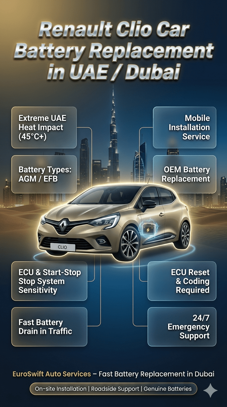 Infographic showing Renault Clio Car Battery Replacement in UAE / Dubai with key battery types, UAE heat impact, ECU system details, and mobile installation service highlights.