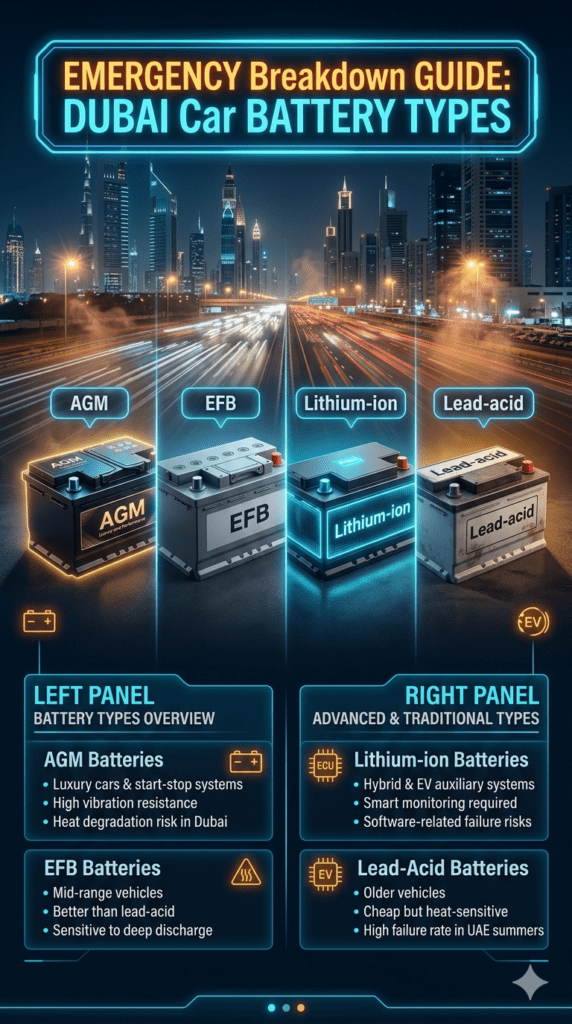 Infographic showing different car battery types used in Fastest Premium & Genuine Car battery failure during travel Dubai including AGM, EFB, Lithium-ion, and Lead-Acid batteries with Dubai heat breakdown context.