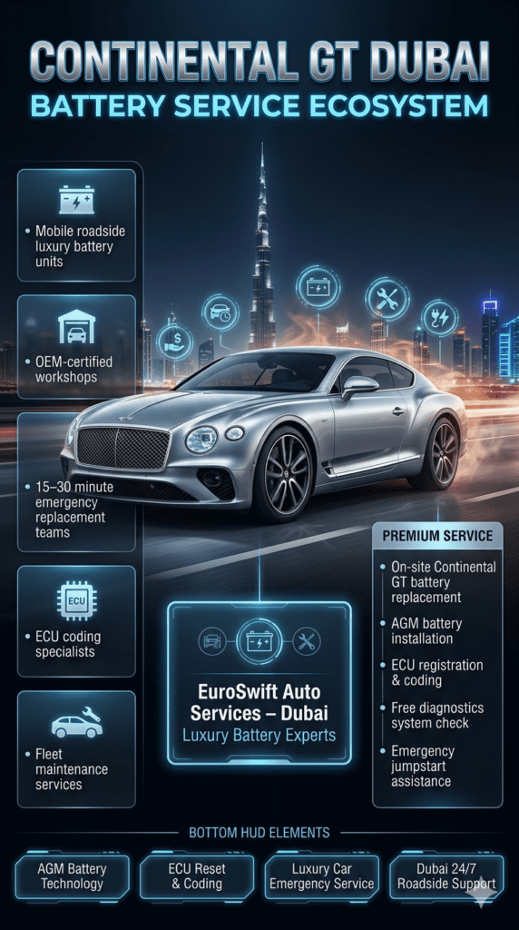 Luxury automotive infographic showing Continental GT battery replacement service ecosystem in Dubai with mobile units, ECU coding, AGM battery installation, and EuroSwift Auto Services support network.