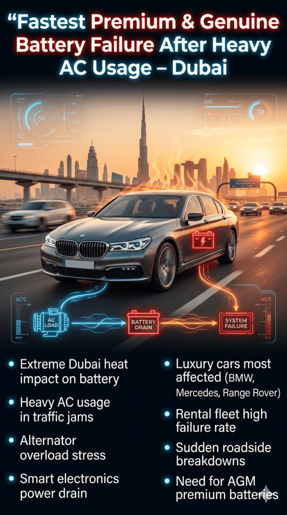 Luxury car battery failure in Dubai heat caused by heavy AC usage, showing roadside breakdown with skyline background and technical infographic elements explaining battery drain reasons.