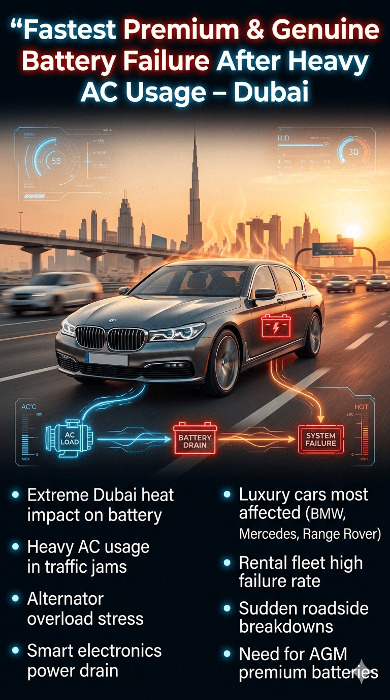 Luxury car battery failure in Dubai heat caused by heavy AC usage, showing roadside breakdown with skyline background and technical infographic elements explaining battery drain reasons.