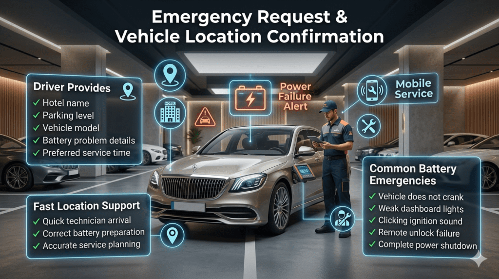 Emergency request and vehicle location confirmation guide showing hotel parking battery assistance, technician response, and common dead battery situations.