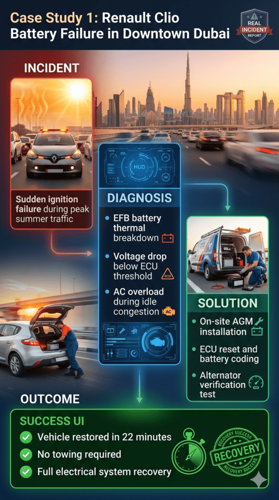 Infographic showing Renault Clio battery failure case study in Downtown Dubai including diagnosis, solution, and recovery outcome.