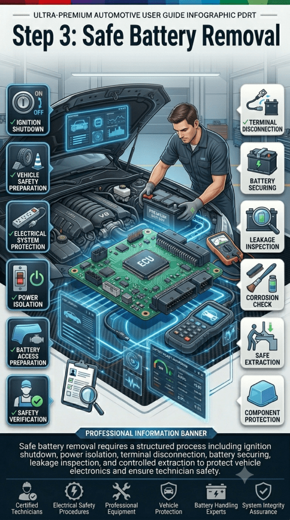 Professional safe battery removal infographic featuring a certified automotive technician carefully removing a vehicle battery using proper safety procedures. The design includes power isolation systems, disconnected battery terminals, safety inspection tools, and animated step-by-step removal indicators in a premium automotive workshop environment.