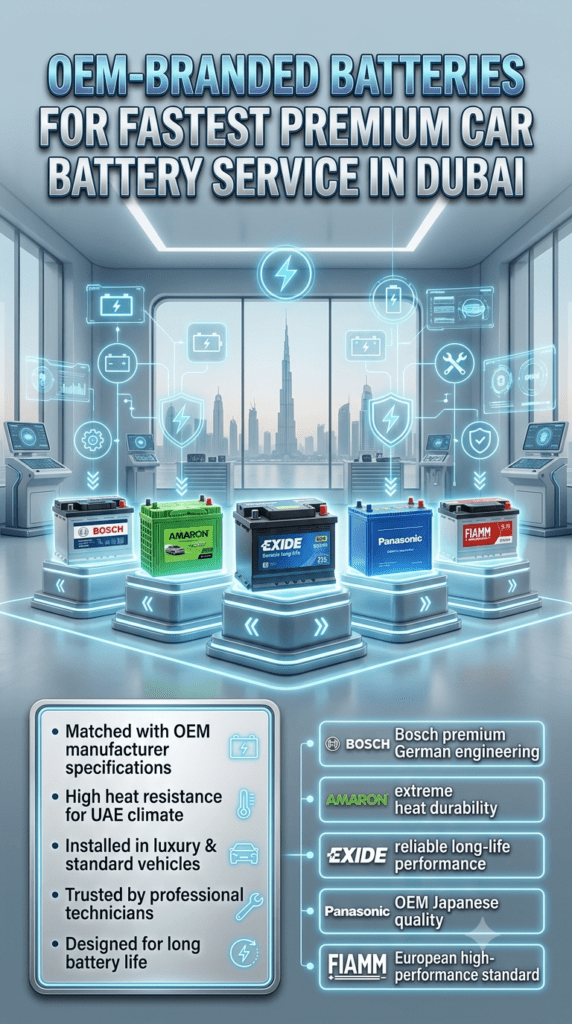Premium automotive infographic showing OEM branded car batteries in Dubai including Bosch, Amaron, Exide, Panasonic, and FIAMM arranged in a high-tech garage with service features displayed on both sides.