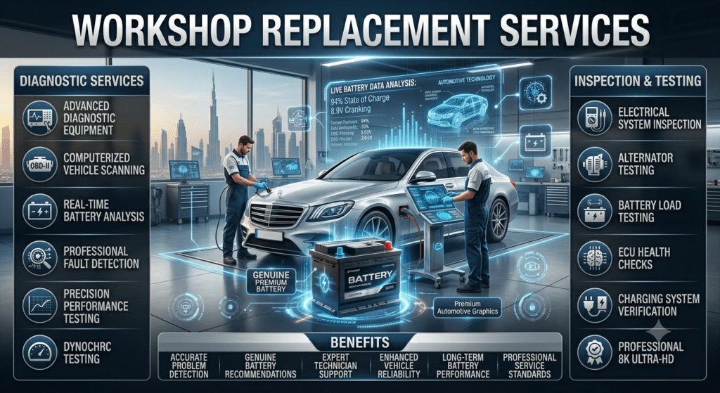 Professional automotive workshop user guide infographic showing advanced battery replacement services, diagnostic equipment, alternator testing, battery load testing, ECU health checks, and electrical system inspection in a modern Dubai automotive workshop.