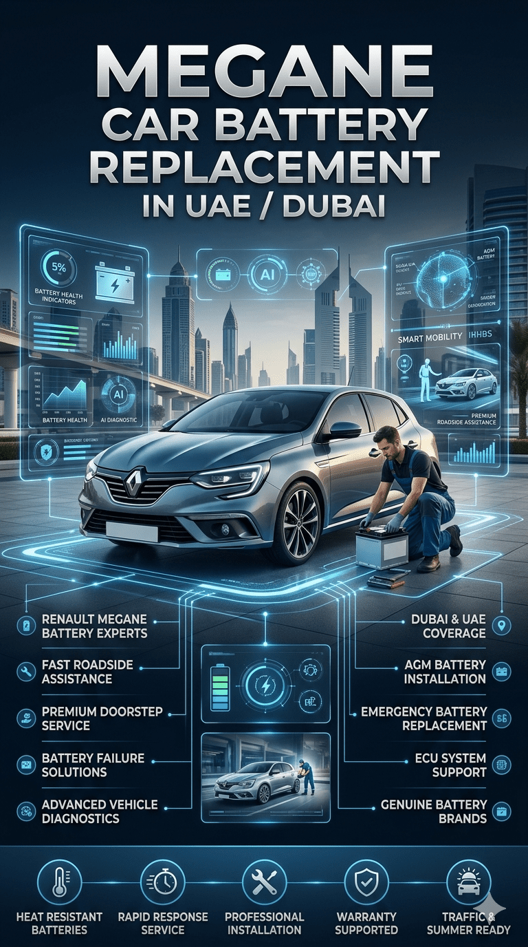 Megane Car Battery Replacement in UAE Dubai infographic featuring a Renault Megane, battery installation service, roadside assistance technician, smart diagnostics, and key battery replacement benefits.