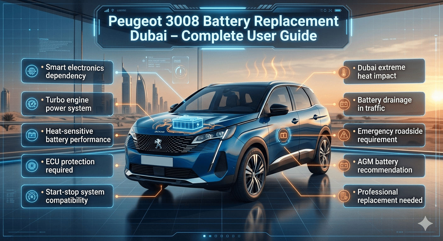 Peugeot 3008 SUV centered in a futuristic Dubai-themed automotive infographic showing battery replacement importance, with key maintenance points listed on both sides.